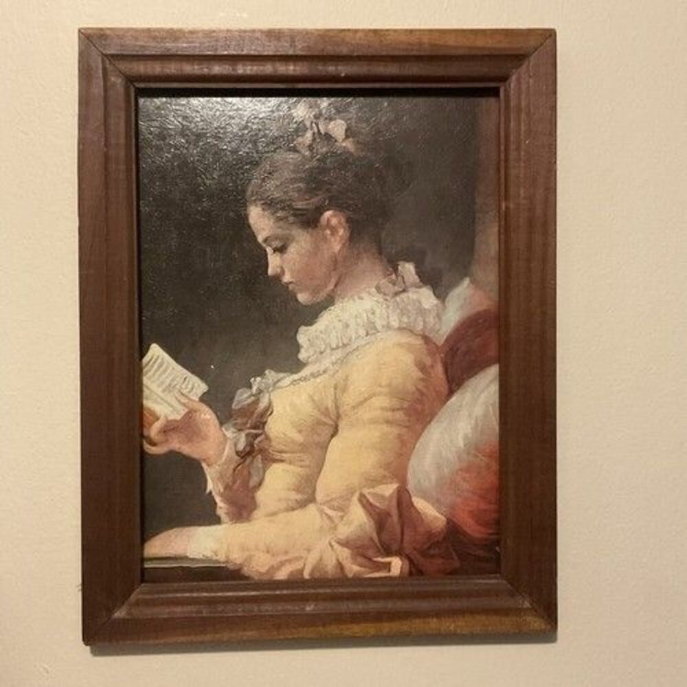 VTG Fragonard Winde Fine Print Young Girl‎ Reading Brown Wood Frame 11x14